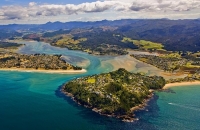 Aerial;Tairua;Coromandel;sandy_beaches;bachs;holiday_homes;blue_sky;blue_sea;bus