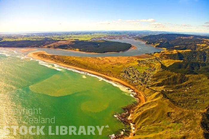 Aerial;Port Waikato;Waikato River;River mouth Waikatofishing;angling;boating;speed boating;Beach;sandy beach;sand bar;Tasman sea;holiday homes;bach;baches;holiday bachs