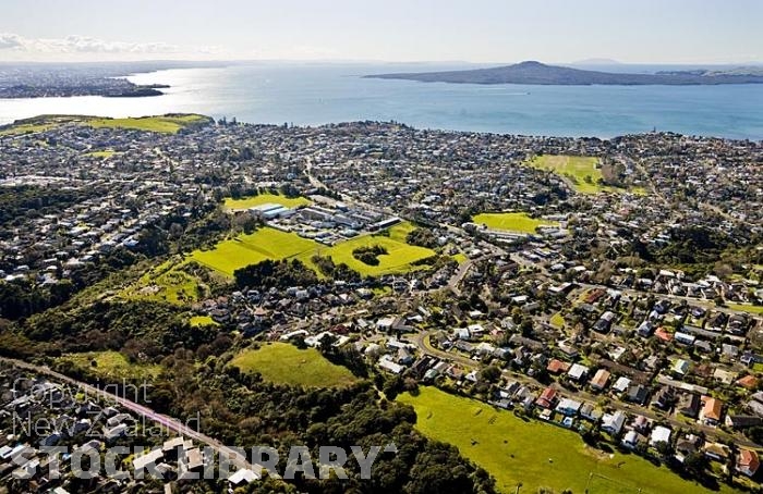 Aerial;Kohimarama;Auckland East;Auckland;Tamaki Strait;blue sky;blue sea;Beach;homes;New Zealand photography;Selwyn College;Rangitoto;Rangitoto Island