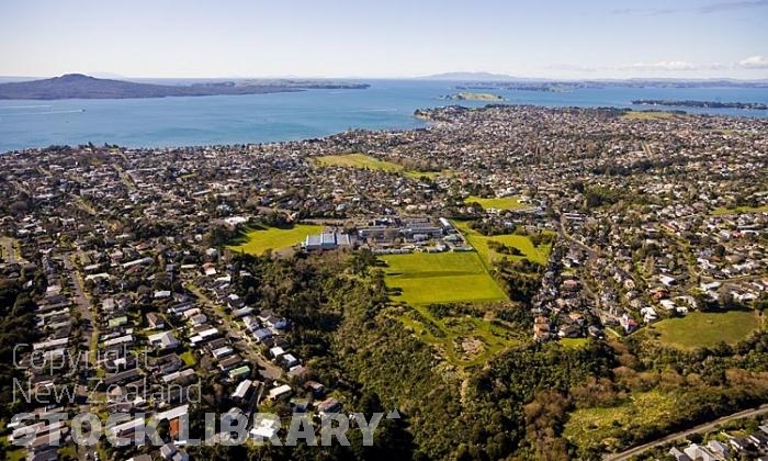 Aerial;Kohimarama;Auckland East;Auckland;Tamaki Strait;blue sky;blue sea;Beach;homes;New Zealand photography;Selwyn College;Rangitoto;Rangitoto Island