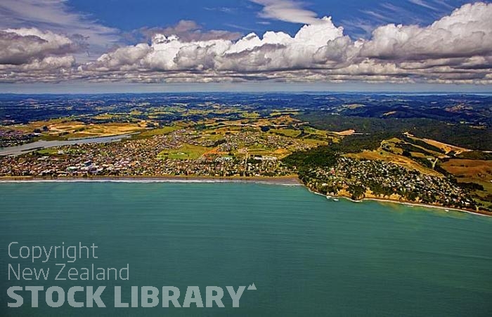 Aerial;Orewa;Silverdale;Rodney;golden sands;blue sky;blue sea;cumulus clouds;sub division