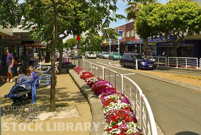 Mount Maunganui;Bay of plenty;blue seablue skysandy beaches;sea;sea fishing;harbour;bachs;holiday homes;sand dunes;high rise buildings;cruise ships;tourists;holiday makers;Totara Street;District Council landscaping