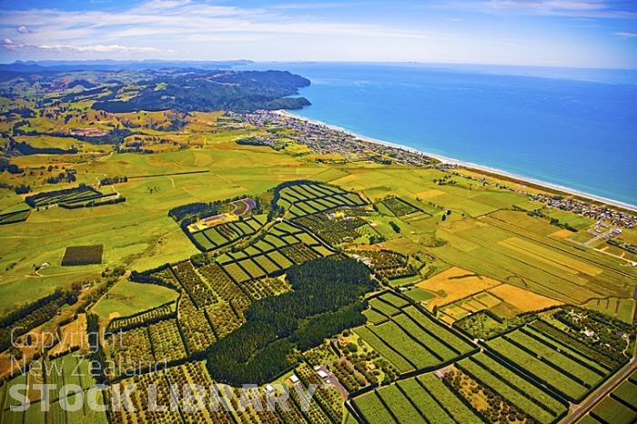 Aerial;Waihi Beach;Bay of plenty;kiwi fruit orchards;kiwi fruit;kiwi fruit growing;agriculture;agricultural centre;sandy beaches;sand dunes;bachs;holiday homes;blue sky;blue sea;bush;native forrest