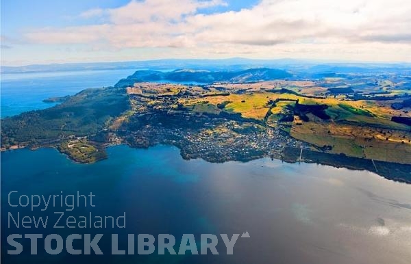 Aerial;Acacia Bay;Trout Fishing;Taupo;South Waikato;pleasure boat harbour;dingies;holiday homesSteam generated electricity;Taupo;Lake Taupo;Waikato river;Acacia Bay;Trout Fishing