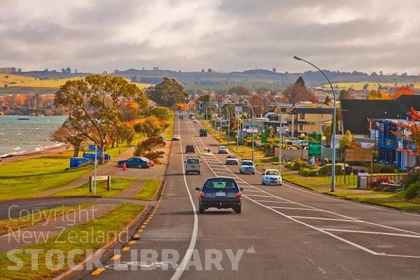 Taupo;Trout Fishing;South Waikato;Lake Taupo;Waikato river;jet boating;tourists;visitor centre;boat harbour;marina;yacht;yachts;launch;launches;holiday homes.baches;Autumn Colours;Lake Side Drive;lamp posts;traffic