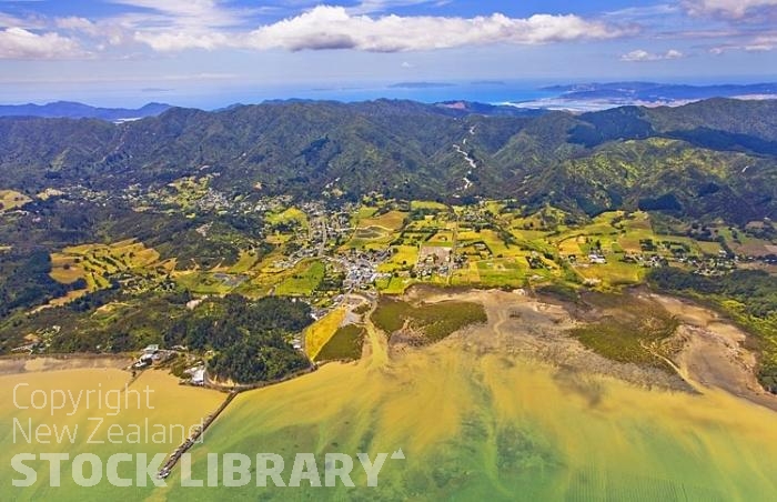 Aerial;Coromandel;sandy beaches;sand dunes;bachs;holiday homes;blue sky;blue sea;bush;native forrest;River;harbour entrance;harbour;waka;bluffs;cliffs;boating