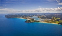 Aerial;Tairua;Coromandel;sandy_beaches;bachs;holiday_homes;blue_sky;blue_sea;bus