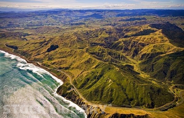 Aerial;Hawkes Bay Coast;bush;native forrest;golden sands;bluffs;River;cliffs;sandy beaches;vineyards;blue sky;blue sea;Mahia;Waikokopu;state highway 2;rail line;rail