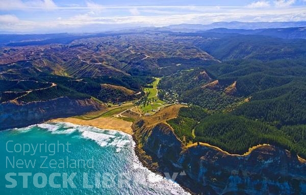 Aerial;Hawkes Bay Coast;bush;native forrest;golden sands;bluffs;River;cliffs;sandy beaches;vineyards;blue sky;blue sea;Tangoio Bluff