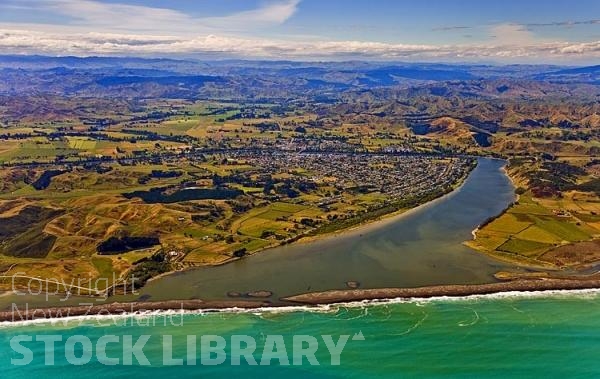 Aerial;Wairoa;Hawkes Bay;bush;native forrest;golden sands;bluffs;River;cliffs;sandy beaches;vineyards;blue sky;blue sea;Wairoa River;arable;farming;bridge;lighthouse;airport