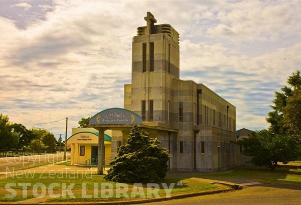 Wairoa;Hawkes Bay;Wairoa River;bridge;lighthouse;District Council landscaping;blue sky;St Paul's Anglican Church;Church;concrete church