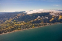 Aerial;Paekakariki;Kapiti_Coast;Cook_Strait;native_forest;Blue_sky;blue_sea;tram