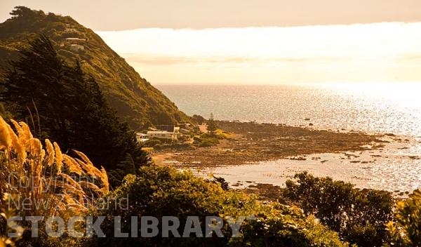 Pukerau Bay;Kapiti Coast;Tararua Ranges;vegetable growing;Blue sky;tramping tracks;Fishing;boating;New Zealand photography;cliffs;blue sea;State highway 1;Settlement