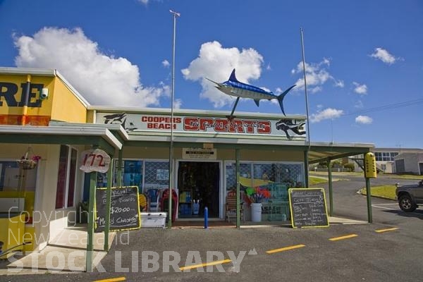 Coopers Beach;Northland;sand dunes;sandy beaches;bachs;holiday homes;bush;native forrest;golden sands;blue sky;blue sea;fishing sports store;fishing;sports store;Marlin;sword fish;sports shop;fishing equipment;dive gear;dive