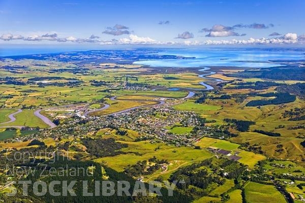 Aerial-Kaipara Harbour;Rodney;green fields;paddocks;Tasman Sea;blue sky;blue sea