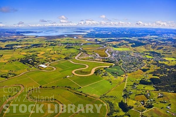 Aerial;Kaipara Harbour;Rodney;green fields;paddocks;Tasman Sea;blue sky;blue sea;Helensville