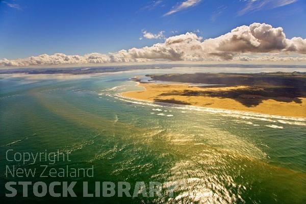 Aerial;Kaipara Harbour;Rodney;green fields;paddocks;Tasman Sea;blue sky;blue sea;Papakanui Spit