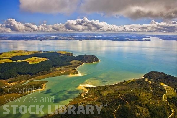 Aerial;Kaipara Harbour;Rodney;green fields;paddocks;Tasman Sea;blue sky;blue sea;Toetoe Point