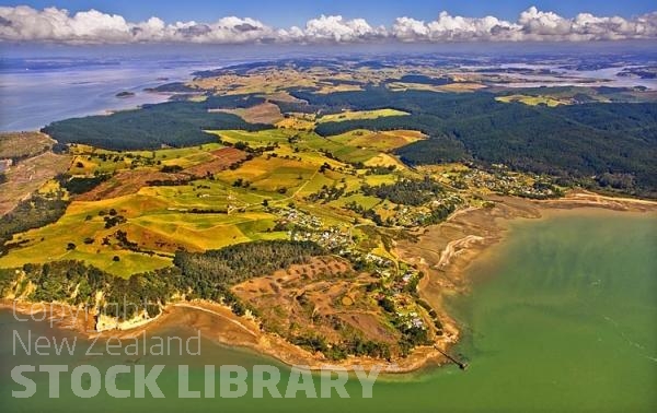 Aerial;Kaipara Harbour;Rodney;green fields;paddocks;Tasman Sea;blue sky;blue sea;Tinopai