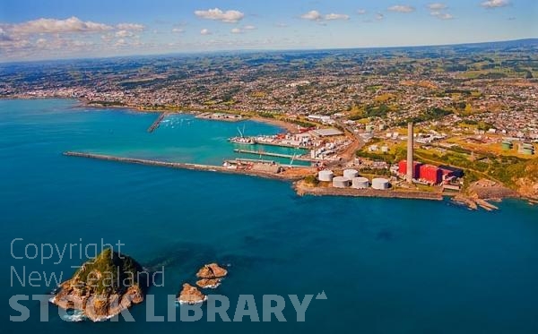 Aerial;New Plymouth;Taranaki;beach;Down Town;sugar loaf islands;harbour;tank farm;blue sky;blue sea;Mikotahi