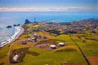 Aerial;New_Plymouth;Taranaki;tank_farm;sugar_loaf_islands;blue_sea;blue_sky;harb