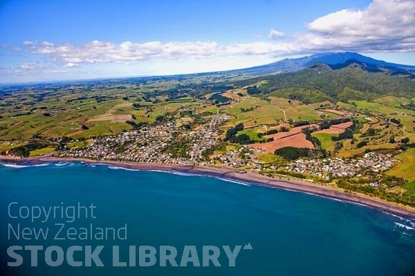 Aerial;North Taranaki Coast;Taranaki;River;Rivers;bush;native forrest;green fields;green paddocks;landscape;Clear water;bluffs;cliffs;sandy beaches;bachs;holiday homes;Oakura;Mt Taranaki