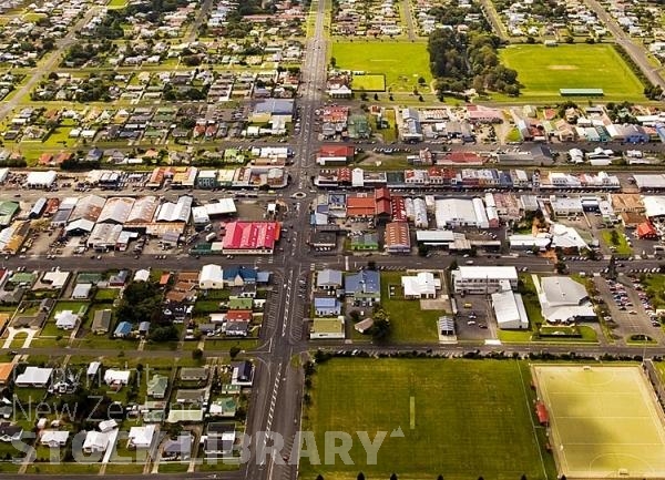 Aerial;Stratford;Stratford town Centre;Taranaki;Mount Taranaki;Mount Egmont;dairy;dairy farming;milk production;agriculture;native forest;tramping tracks;New Zealand photography