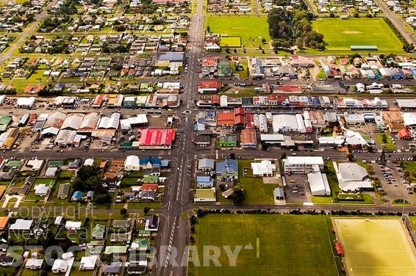 Aerial;Stratford;Stratford town Centre;Glokenspiel;Taranaki;Mount Taranaki;Mount Egmont;dairy;dairy farming;milk production;agriculture;native forest;tramping tracks;New Zealand photography