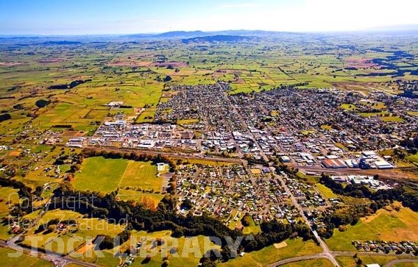 Aerial;Morrinsville;Waikato;agricultural;agricultural centre;agricultural equipment;cafes;clock