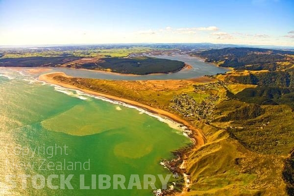 Aerial;Port Waikato;Waikato River;River mouth Waikatofishing;angling;boating;speed boating;Beach;sandy beach;sand bar;Tasman sea;holiday homes;bach;baches;holiday bachs