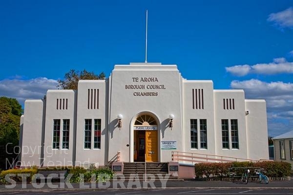 Te Aroha;Waikato;agricultural;Mount Te Aroha;Edwardian Domain;Edwardian Domain;Cadman Bath House;Te Aroha Mineral Spas;Mokena Geyser;Soda Water Geyser;Waihou River;River;Coulter Bridge;Art Deco;District Council Building;Library;blue sky