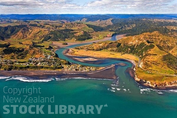 Aerial;West Coast Waikato;Waikato;coastal;bachs;holiday homes;bush;native forrest;blue sky;blue sea;boating;Fishing boats;bluffs;cliffs;golden sands;rocky shorelines;sandy beaches;sheep country;Tasman sea;Mokau;state highway 3;state highway three;Mokau River;bridge;river mouth