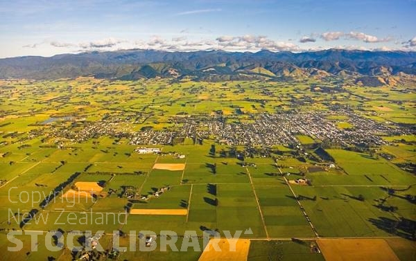 Aerial;Carterton;Wairarapa;native forest;sheep;sheep shearing;Tararua Ranges;agricultural centre;agriculture;tramping tracks;green fields;Station;Rail line;New Zealand photography