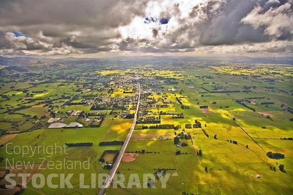 Aerial;Carterton;Wairarapa;native forest;sheep;sheep shearing;Tararua Ranges;agricultural centre;agriculture;tramping tracks;green fields;Station;Rail line;New Zealand photography