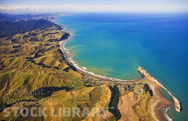 Aerial;Castle Point;Wairarapa;Blue sea;blue sky;cumulus clouds;rocky shorelines;sandy beaches;scenic beauty;golden sands;bluffs;cliffs;lighthouse;fishermen;anglers;rocky outcrops;fishing boats;beach launched boats