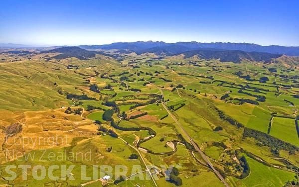 Aerial;Eketahuna;Wairarapa;agricultural;Dairy;Dairy industry;sheep;church;museum;kiwis;kiwi;state Highway 2;rail line;golf course;golf;Tararua Ranges