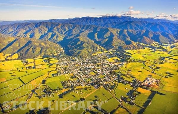 Aerial;Featherston;Wairarapa;native forest;sheep;sheep shearing;Tararua Ranges;agricultural centre;agriculture;tramping tracks;green fields;Station;Rail line;New Zealand photography