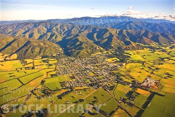 Aerial;Featherston;Wairarapa;Rimutaka;Rimutaka Hill;Fell Locomotive Museum;native forest;sheep;sheep shearing;Tararua Ranges;agricultural centre;agriculture;tramping tracks;green fields;Station;Rail line;New Zealand photography