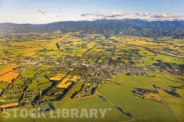 Aerial;Greytown;Wairarapa;native forest;sheep;sheep shearing;Tararua Ranges;agricultural centre;agriculture;tramping tracks;green fields;Station;Rail line;New Zealand photography