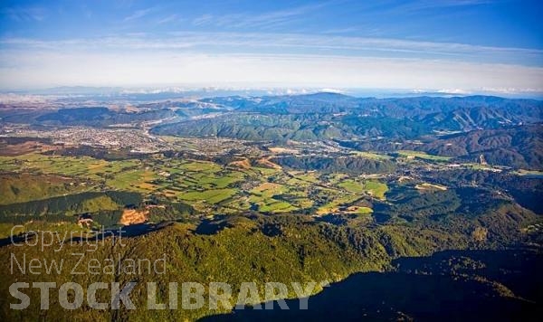 Aerial;Upper Hutt;Hutt Valley;native forest;sheep;sheep shearing;Tararua Ranges;agriculture;tramping tracks;green fields;Station;Rail line;New Zealand photography