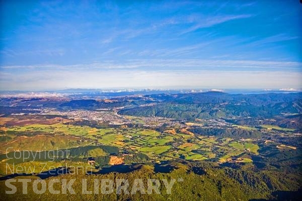 Aerial;Upper Hutt;Hutt Valley;native forest;sheep;Tararua Ranges;agriculture;tramping tracks;green fields;Station;Rail line;New Zealand photography