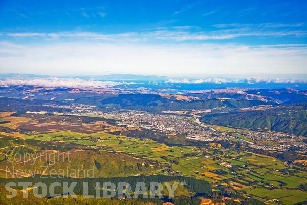 Aerial;Upper Hutt;Hutt Valley;native forest;sheep;sheep shearing;Tararua Ranges;agriculture;tramping tracks;green fields;Station;Rail line;New Zealand photography