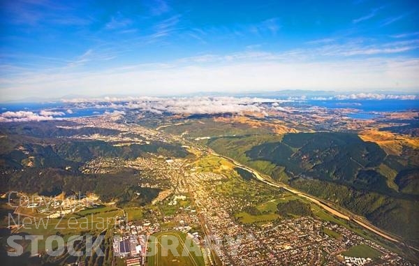 Aerial;Upper Hutt;Hutt Valley;Petone'Lower Hutt;native forest;sheep;sheep shearing;agriculture;tramping tracks;green fields;Station;Rail line;New Zealand photography