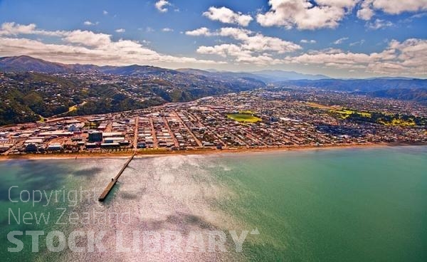 Aerial;Hutt Valley;native forest;Tararua Ranges;agriculture;tramping tracks;green fields;Station;Rail line;New Zealand photography;church;industrial building;Petone;Lower Hutt;Hutt River;golf course;Petone pier