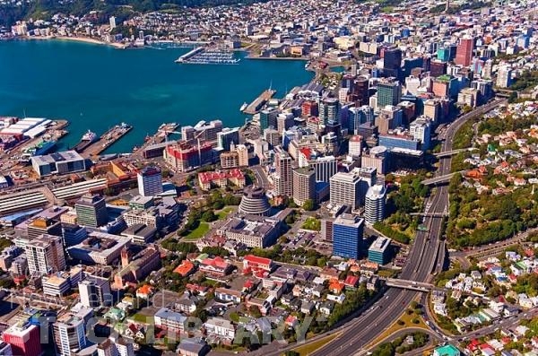 Aerial;Wellington;Beehive;parliament;down town;highrise;airport;bays;marina;docks;harbour;ferries;port;clear water;cranes;cafes;restaurants;motorway;traffic;boats;planes;aircraft;helicopters