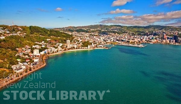 Aerial;Wellington;Beehive;parliament;down town;highrise;airport;bays;marina;docks;harbour;ferries;port;clear water;cranes;cafes;restaurants;motorway;traffic;boats;planes;aircraft;helicopters;caketin;rugby stadium;railwat station;rail lines;logs;piles of logs;logging