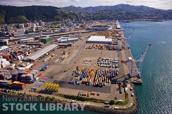 Aerial-Wellington-Wharf-containers-cranes-sheds-storage sheds-caketin