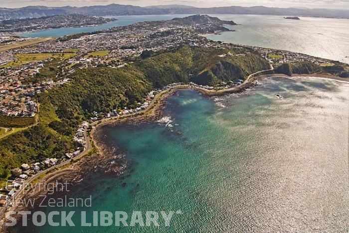 Aerial-Wellington-Airport-Breaker-Bay;Wellington;Eve Bay;Flax Bay;Reef Bay;harbour;clear water;seaside;cliffs;bluffs;cliff;bluff;rocky shorelines