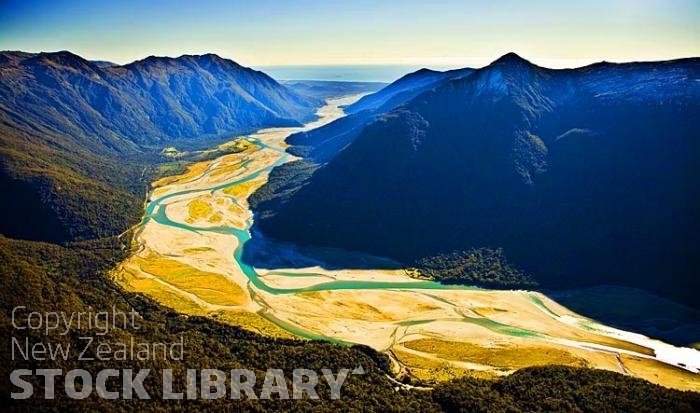 Aerial;Haast Pass Route;West Coast;State Highway 6;mountains;valleys;rivers;Haast River valley;Haast River;Haast