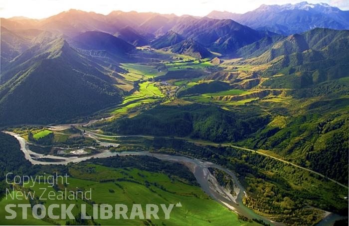 Aerial;Murchison;Buller Region;mountains;hills;rivers;Road;bush;native forrest;state highway6;Dairy farm;dairy farming;green fields;green paddocks;bluffs;cliffs;Matakitaki River;Buller river;Four river plain;Matiri River;Owen River Tavern;Owen River;Owen River Lodge;Owen River Valley;Buller riverimage